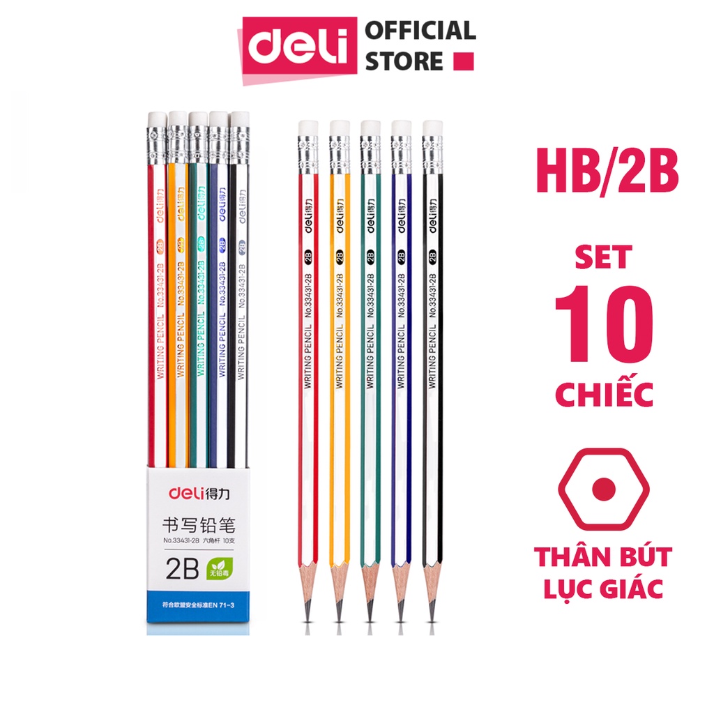 Vỉ 10 bút chì gỗ tự nhiên kèm đầu tẩy Deli - dễ gọt và nhạy với máy chấm thi loại HB/2B phổ thông chuyên dụng - 33431