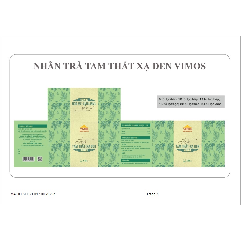 Trà tam thất xạ đen Vimos hỗ trợ ngủ ngon thải độc Giúp hành khí hoạt huyết, thông kinh hoạt lạc