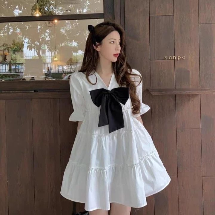 Đầm babydoll nữ ❤️đầm xoè cổ v đính nơ❤️ chất thô mềm xếp tầng, đầm trắng, đầm tiểu thư MÂY_1989