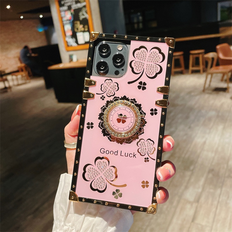 OPPO F11 A9 A9X F11PRO R17 F17 F19 PRO A5 A3S A7 A5S A12 A11K A8 A31 F9 F9PRO A7X FIND X3 PRO Thời Trang Sang Trọng Họa Tiết Cỏ Ba Lá Nhẫn Giá Đỡ Điện Thoại Vuông