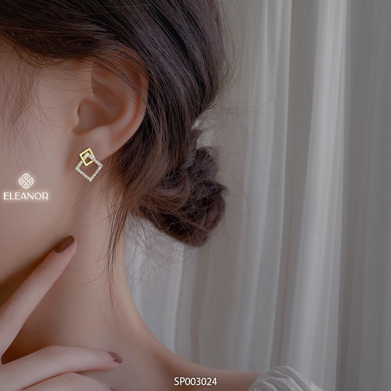 Bông tai nữ chuôi bạc 925 Eleanor Accessories hình vuông đính đá phụ kiện trang sức khuyên tai 3024