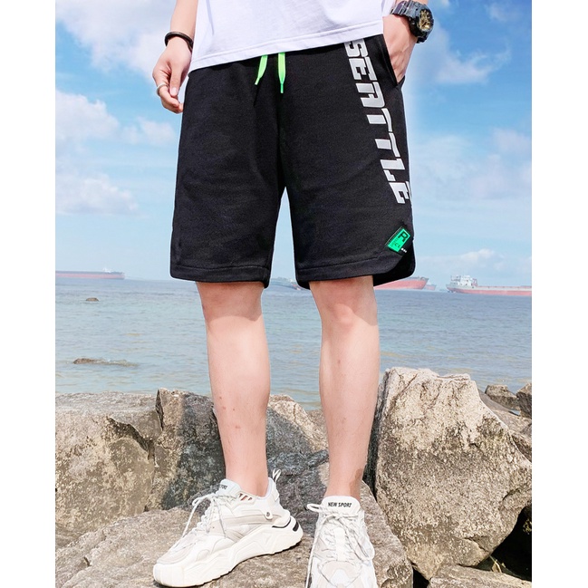 Quần đùi nam HappyFamily - Short thể thao cắt vát ngắn đùi in chữ vải nỉ da cá 100 cotton