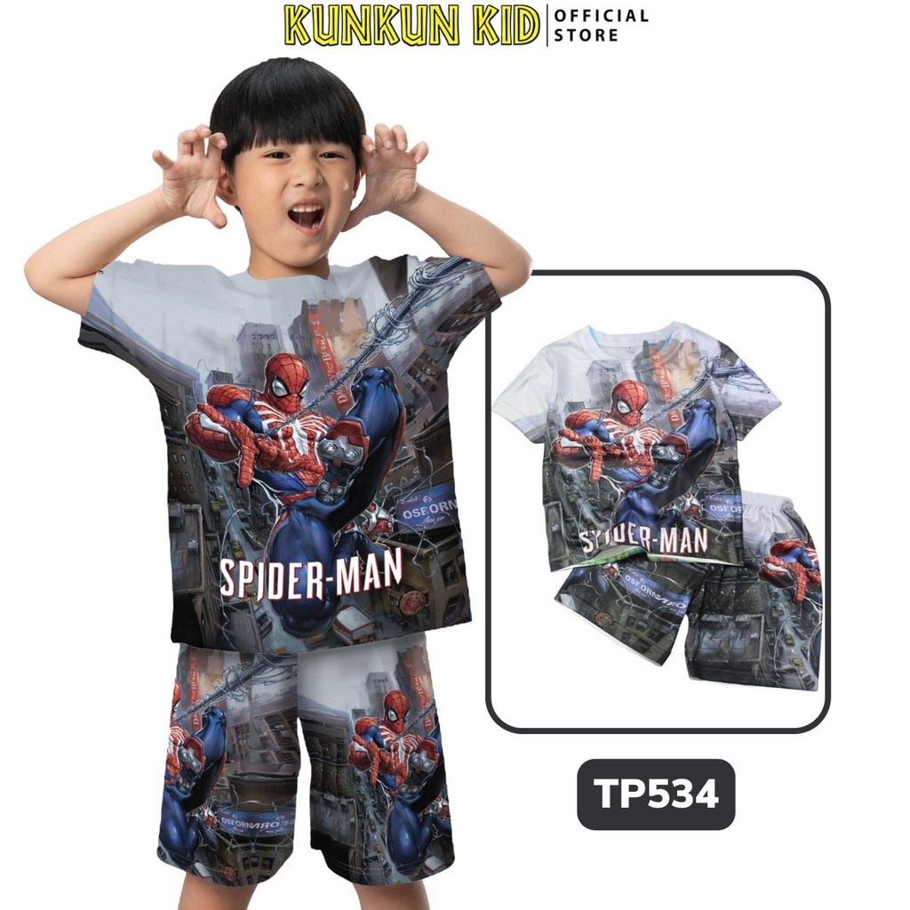 Đồ bộ thun lạnh cộc tay in 3d cho bé trai hình người nhện spiderman xám size đại từ 10kg-40kg Kunkun Kid TP534