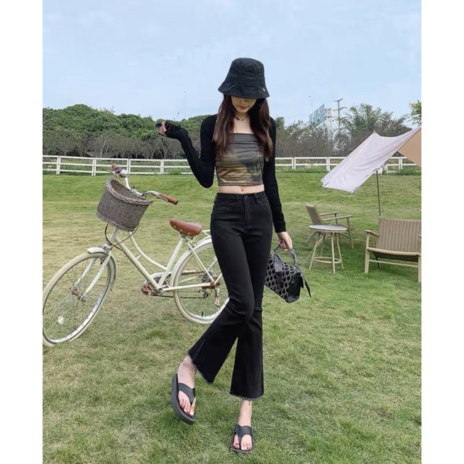 quần jeans bò ống loe màu đen cao cấp cho nữ
