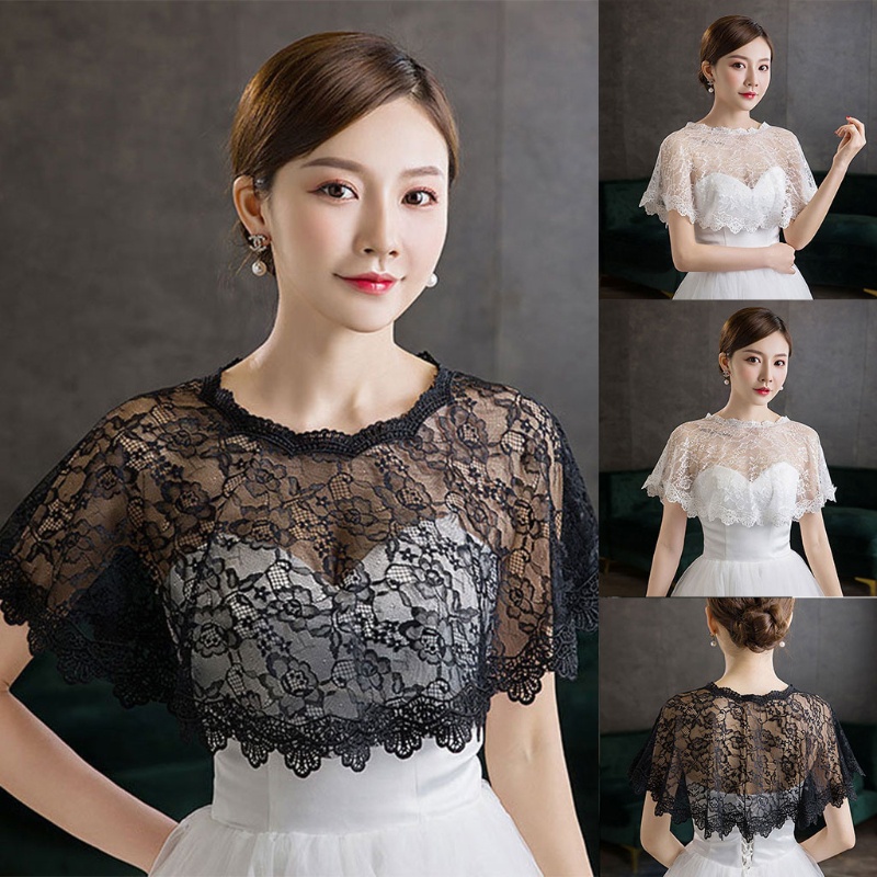 ❀❀Fine Khăn choàng che cổ tulle ren thêu hoa xuyên thấu nhún cao thấp trùm bolero cho cô dâu đám cưới