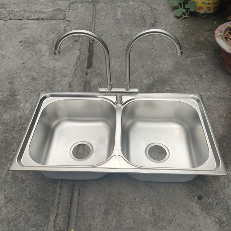 Chậu rửa chén bát inox đôi 2 hố bồn rửa inox 2 hộc 7843 78x43cm có kèm ...
