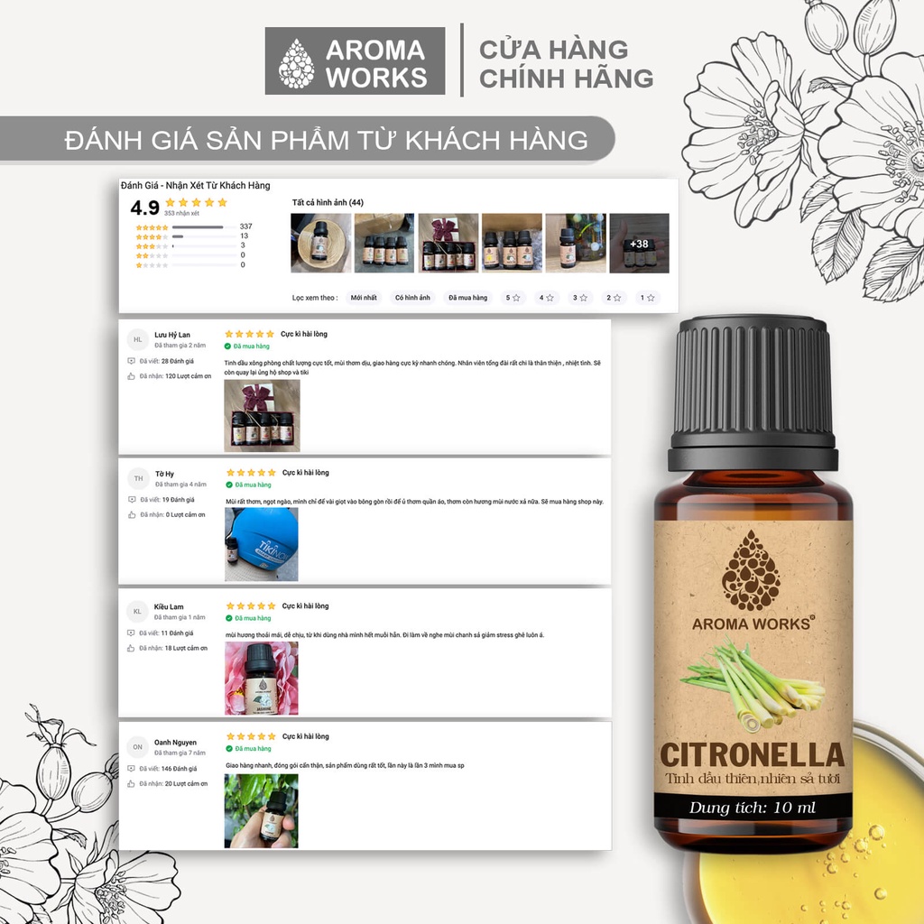 Ảnh Tinh dầu Sả tươi / Sả Java Aroma Works xông phòng, đuổi muỗi, thanh lọc không khí - Citronella 3