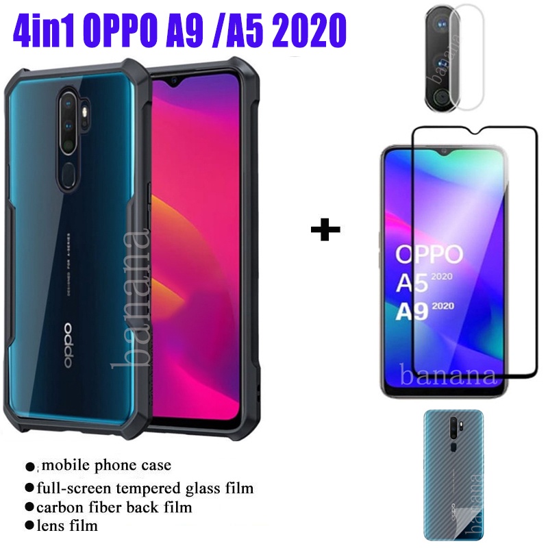 Ốp điện thoại chống sốc OPPO A9 2020 / A5 2020 + màng kính cường lực + màng mặt sau bằng sợi carbon + màng ống kính