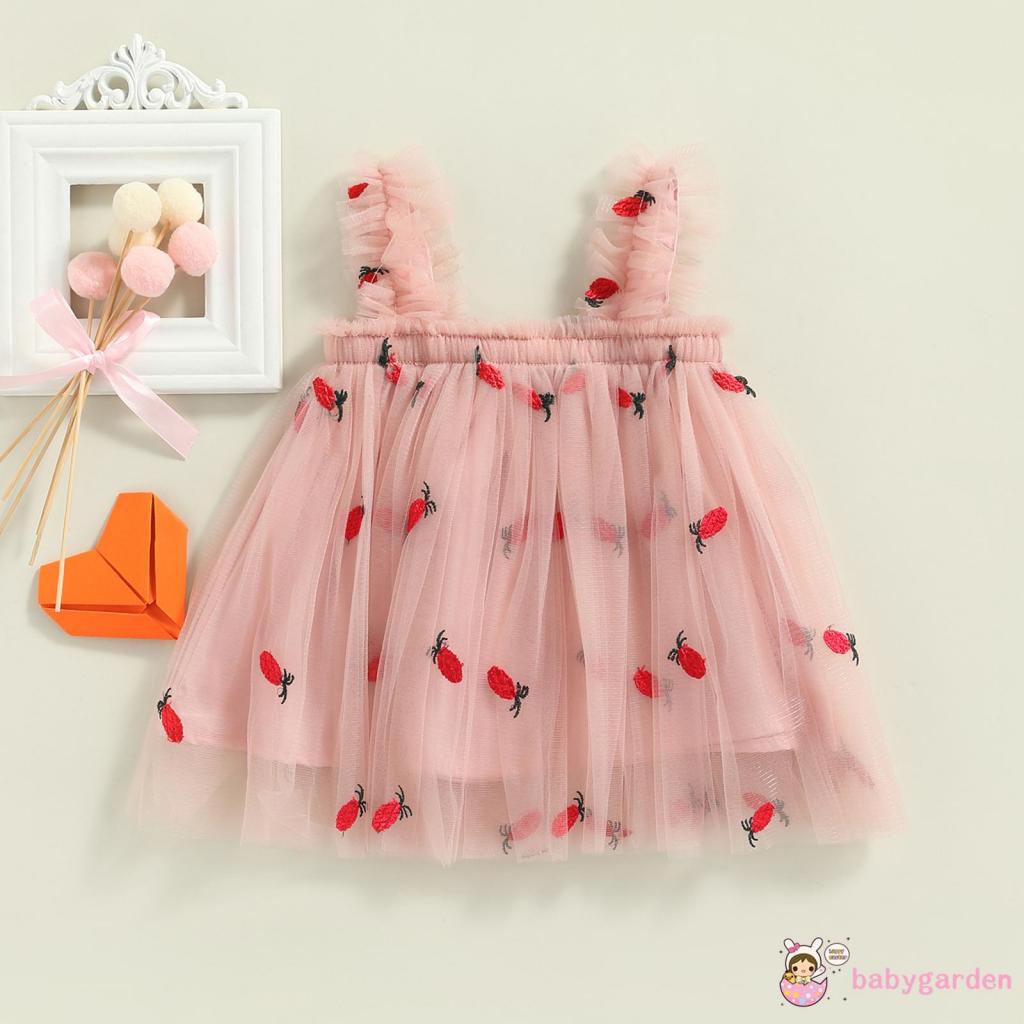 Babygarden-đầm Xòe Công Chúa Hai Dây Không Tay Thêu Hình Hoa Cúc / Trái Cây Mùa Hè Đơn Giản Cho Bé Gái
