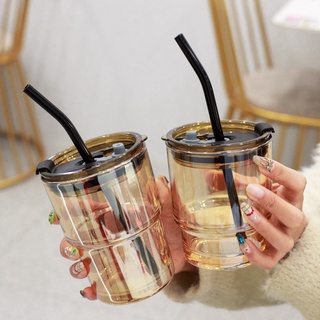 Cốc thủy tinh GorGous 450ml bọc da có nắp và ống hút - pha sữa, cafe sang chảnh chống bỏng