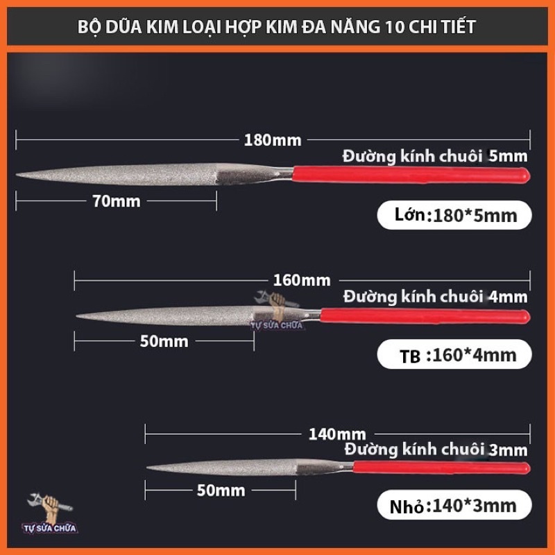 Bộ dũa mài kim loại hợp kim đa năng 10 cây size 5x180mm, 4x160mm, 3x140mm