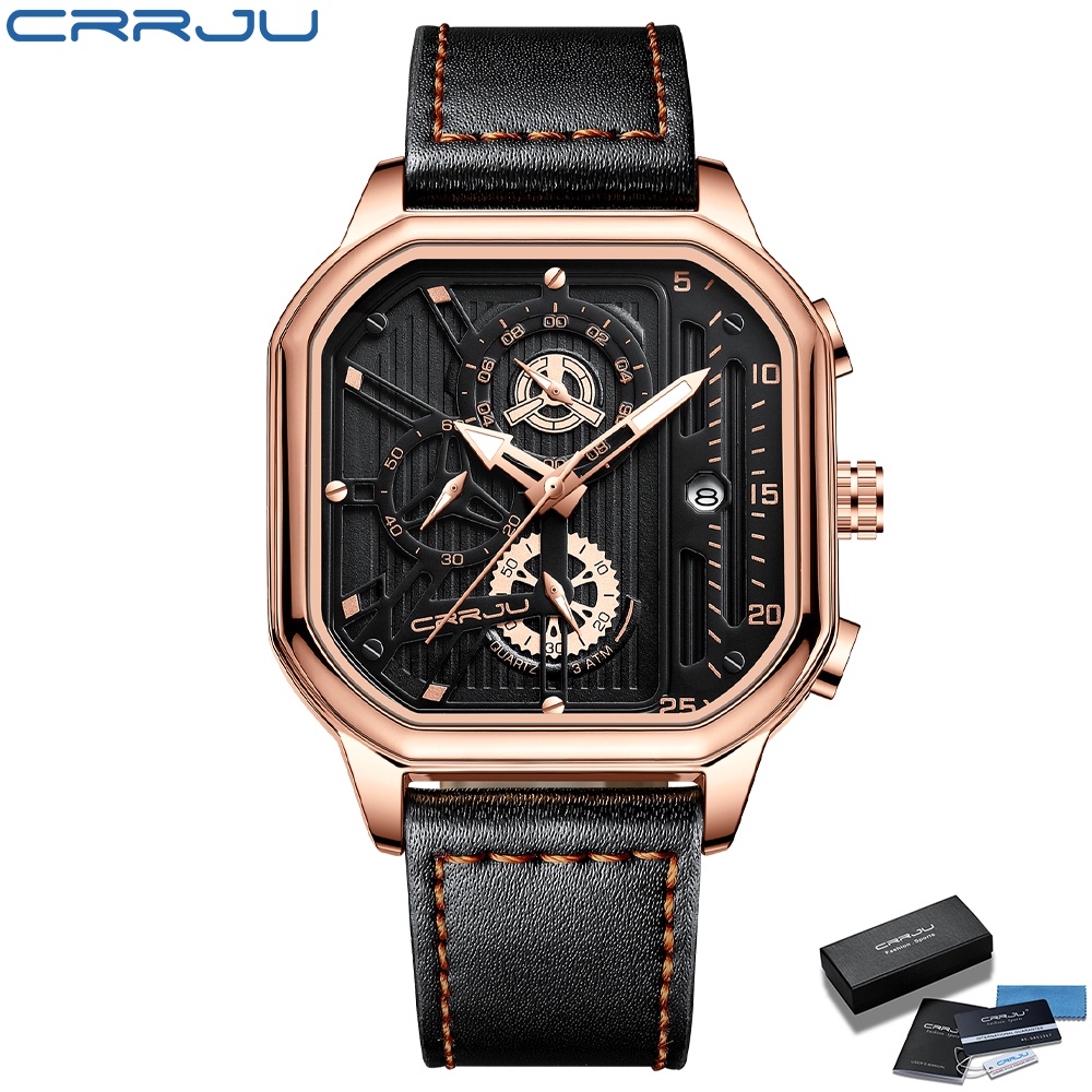 Đồng hồ đeo tay CRRJU 2302 bộ máy quartz dây đeo bằng da chống thấm nước thời trang thể thao cho nam