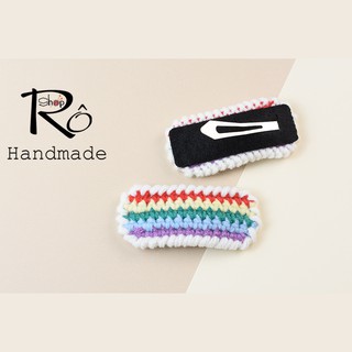 Kẹp tóc năm dòng kẻ cho nữ và bé gái xinh xắn 7cm |Cặp tóc bằng len Handmade |Shop Rô Handmade