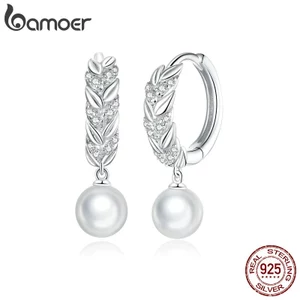Bamoer Bông Tai bạc 925 Đính Ngọc Trai Sáng Bóng bse446