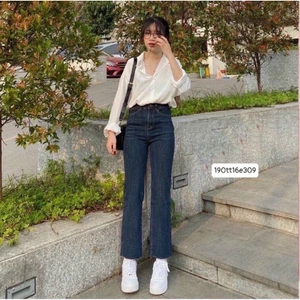 Quần jeans ống đứng xanh đậm 1 cúc chất mềm , co dãn tốt #1036