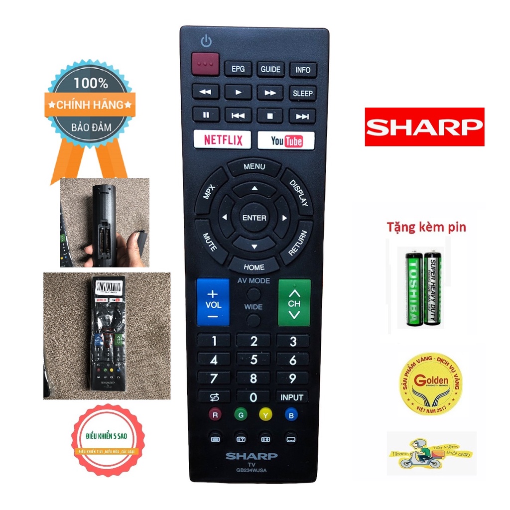 Điều khiển tivi Sharp GB234WJSA hàng chính hãng phím mềm  nguyên tem có Netflix và Youtube - tặng kèm pin