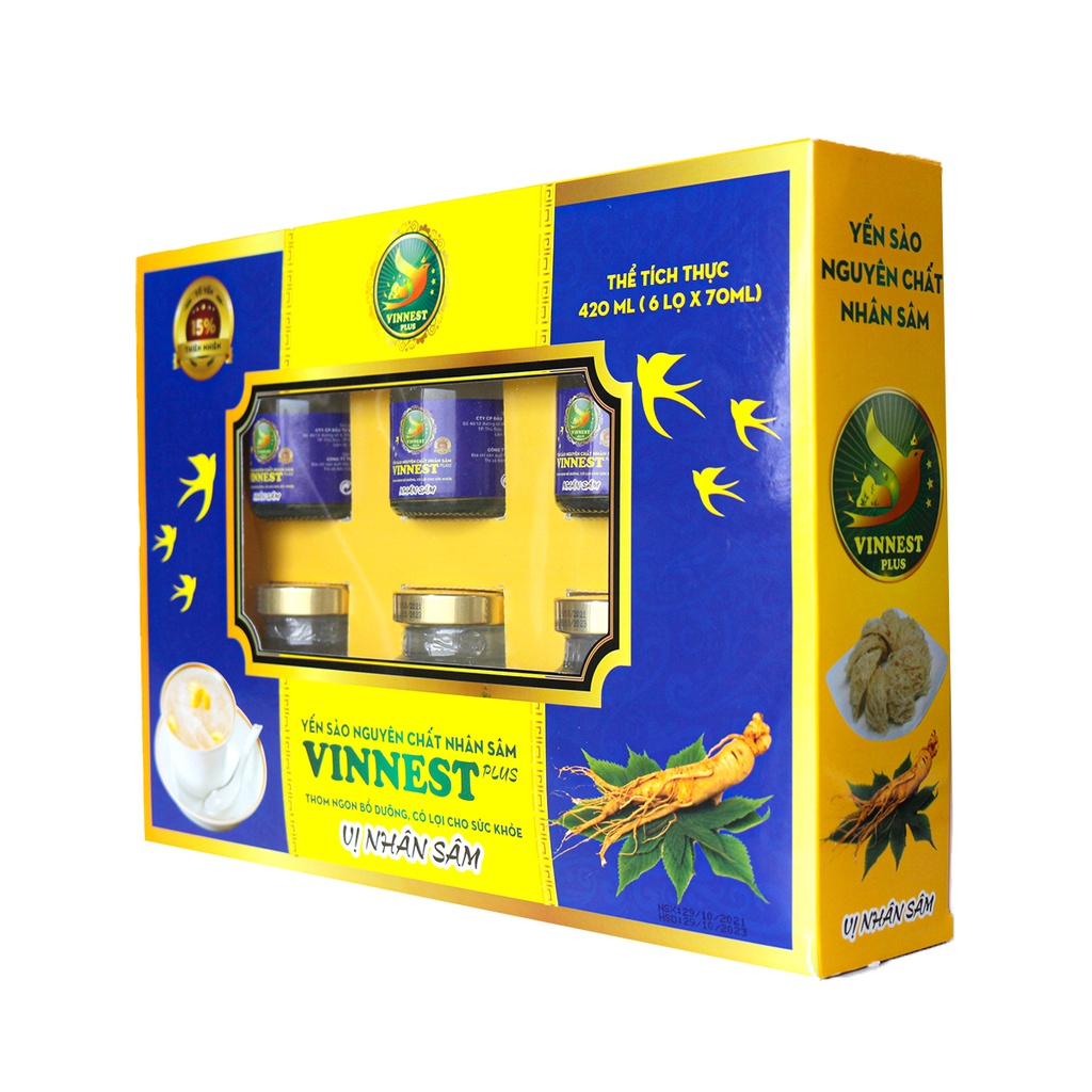 Yến Sào Nguyên Chất Nhân Sâm Vinnest Plus 15% (Hộp 6 Lọ 70ml) – Nước Yến Chưng Sẵn Bồi Bổ Sức Khỏe