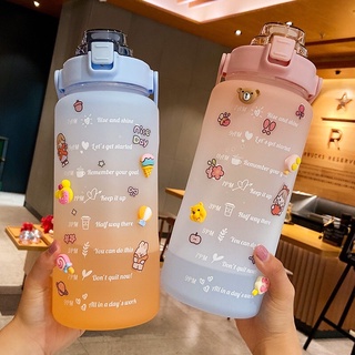 Bình Nước 2 Lít Dành Cho Người Lười Uống Nước,Bình Nước Cute 2L Siêu To Khổng Lồ Có ống Hút, Vạch Chia Nhắc Giờ