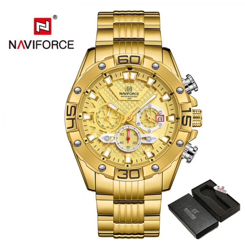 Naviforce NF8019 Vòng đeo tay bằng thép Kim loại cổ điển Chronograph Nam Doanh nhân Đồng hồ thạch anh màu vàng không thấm nước