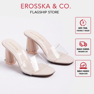 Erosska - Dép mule cao gót quai trong mũi vuông gót trong màu nude cao 9cm - EM040