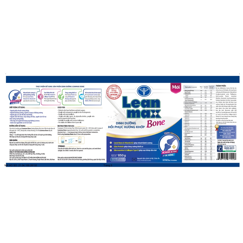 Sữa Lean Max Bone 850G Nutricare Người Loãng Xương
