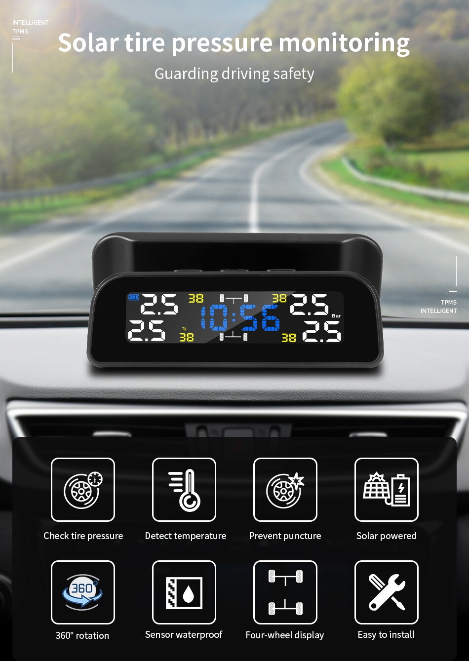 Mô tả Hệ Thống Giám Sát Áp Suất Lốp Xe Hơi TPMS Thông Minh Sạc Năng Lượng Mặt Trời Tự Động Màn Hình LCD Với 4 Cảm Biến - 1
