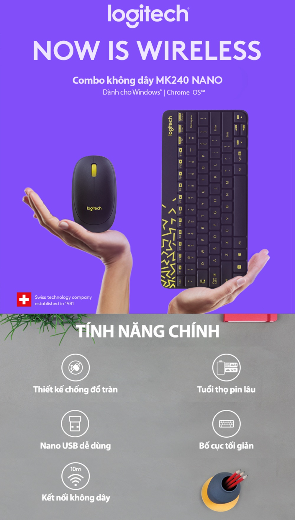 Mô tả Combo chuột phím không dây Logitech MK240 - nhỏ gọn, 1 đầu thu USB, pin lâu - 1