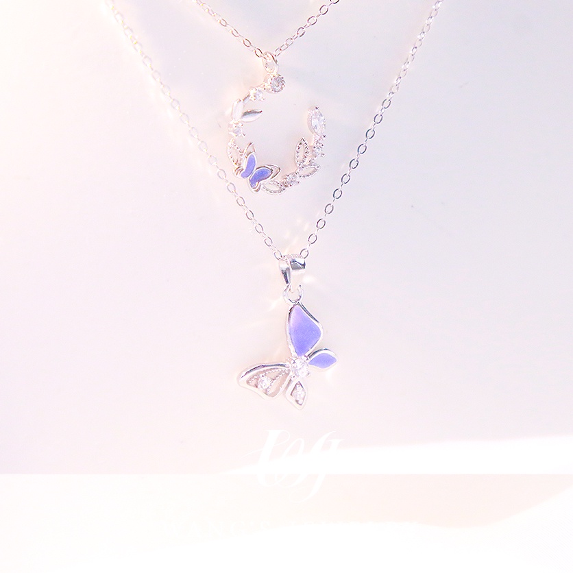 Set Vòng cổ 100% Bạc S925 Mặt Hình Bướm Màu Tím Dành Cho Cặp Đôi Dây chuyền bạc nữ  mặt hồ điệp xinh xắn Butterfly Necklace set 2