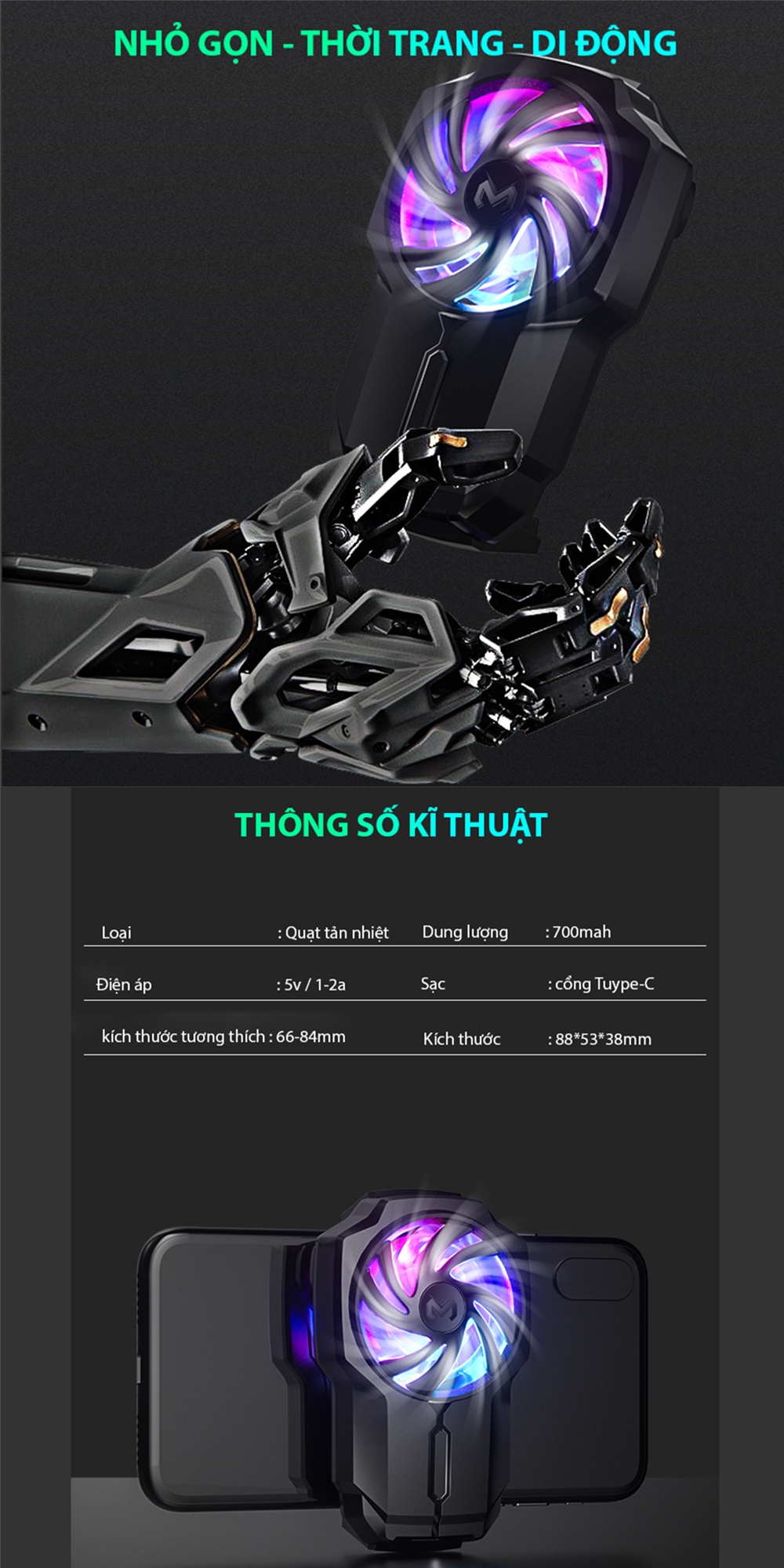 Mô tả Quạt tản nhiệt điện thoại MEMO FL05 không dây có pin 700 mAh điều chỉnh độ gió 3 mức chơi game MOBA FPS LIÊN QUÂN PUBG - 6
