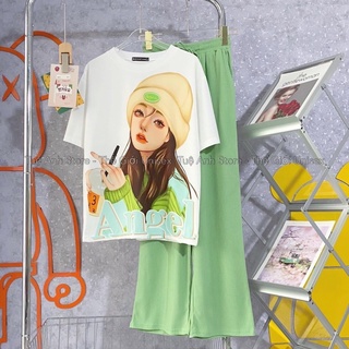 [NHIỀU MẪU] Set Bộ Quần Dài Ống Suông Gân Tăm Cao Cấp - Set Dài Nữ Lưng Cao Ống Rộng Phối Áo Thun 3D Phong Cách Hàn Quốc