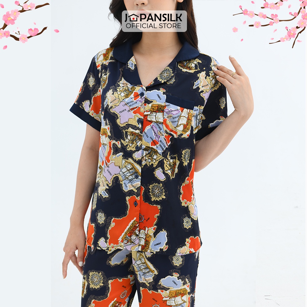 Ảnh Đồ Bộ Nữ Lụa Satin Pijama Cao Cấp JAPAN SILK Tay Ngắn Quần Dài Họa Tiết Bản Đồ Vintage 1