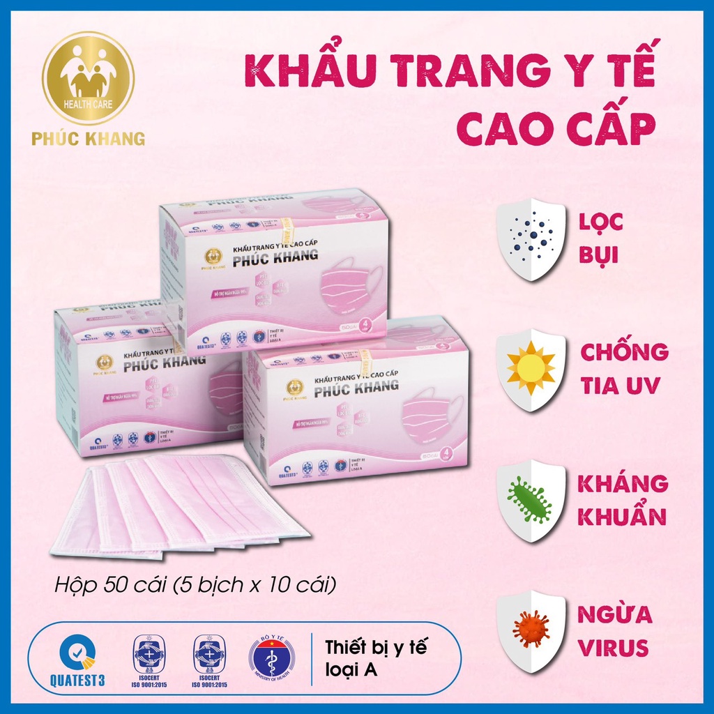 Mô tả Khẩu trang y tế 4 lớp cao cấp PHÚC KHANG có giấy lọc kháng khuẩn màu trắng, hồng hộp 50 cái - MEDICAL - 1
