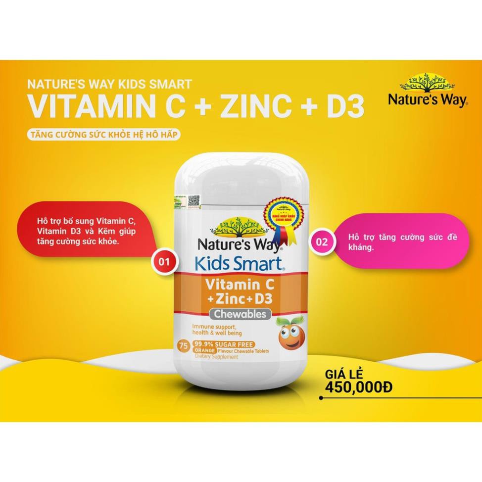 Viên Nhai Nature’s Way Kids Smart Vitamin C+ZinC+D3 Chewable Tablets Bổ