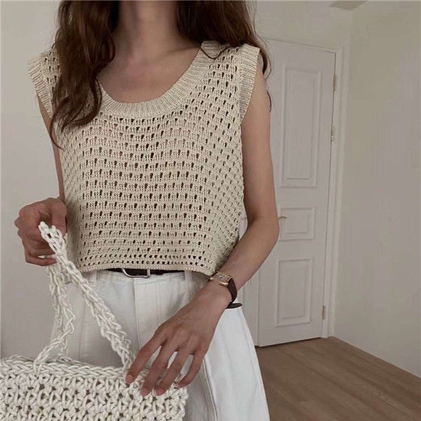 Milyfashion Rỗng Áo Vest Ngắn Mùa Hè Phong Cách Mới Mỏng Rỗng Đan Không Tay Vải Mỏng