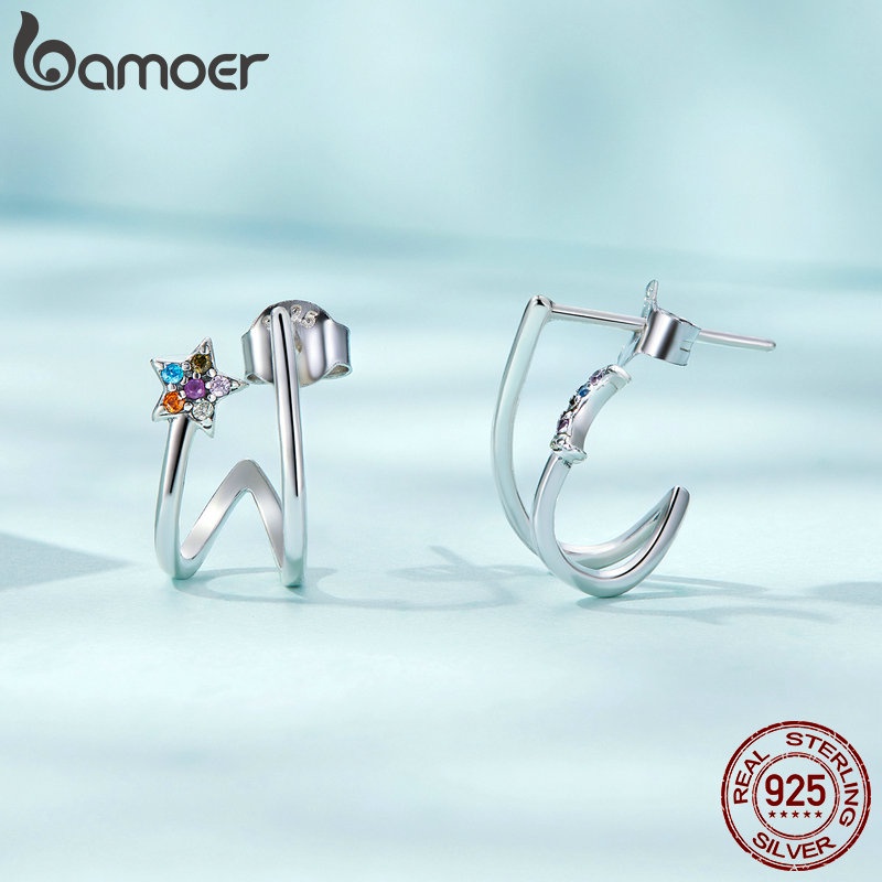 BAMOER Bông Tai Bạc 925 Hình Mặt Trăng Ngôi Sao Thời Trang Cho Nữ