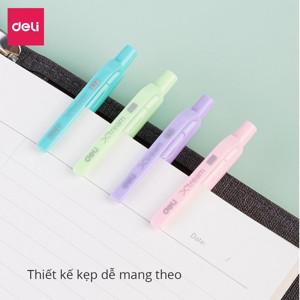 Combo 5 Bút Bi Bấm Pastel Mực Xanh Có Đệm Tay Ngòi 0.7mm Deli Giá Rẻ Viết Nét Đều Trơn Tru Cho Học Sinh Văn Phòng