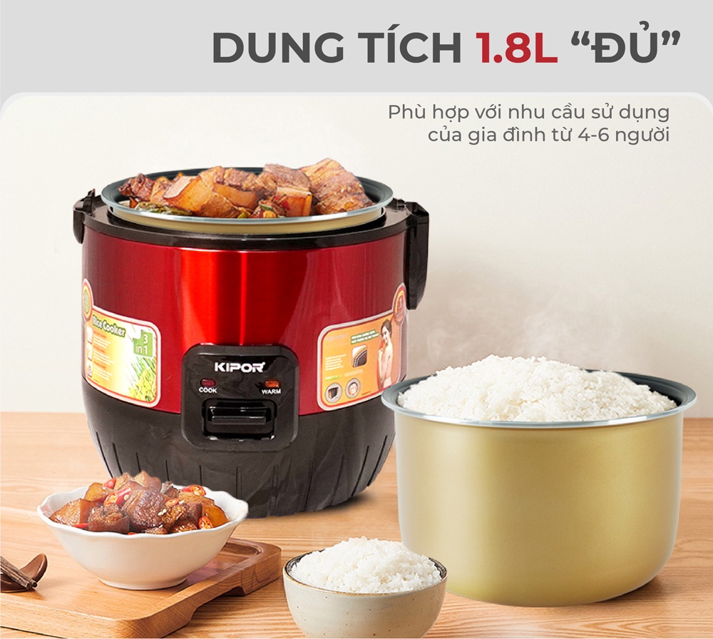 Mô tả Nồi cơm điện KIPOR KP-N6518 - 1.8L - Dung tích lớn, chống dính TEFLON 3mm 1Kg - Bảo hành tại nhà 12 tháng - 5