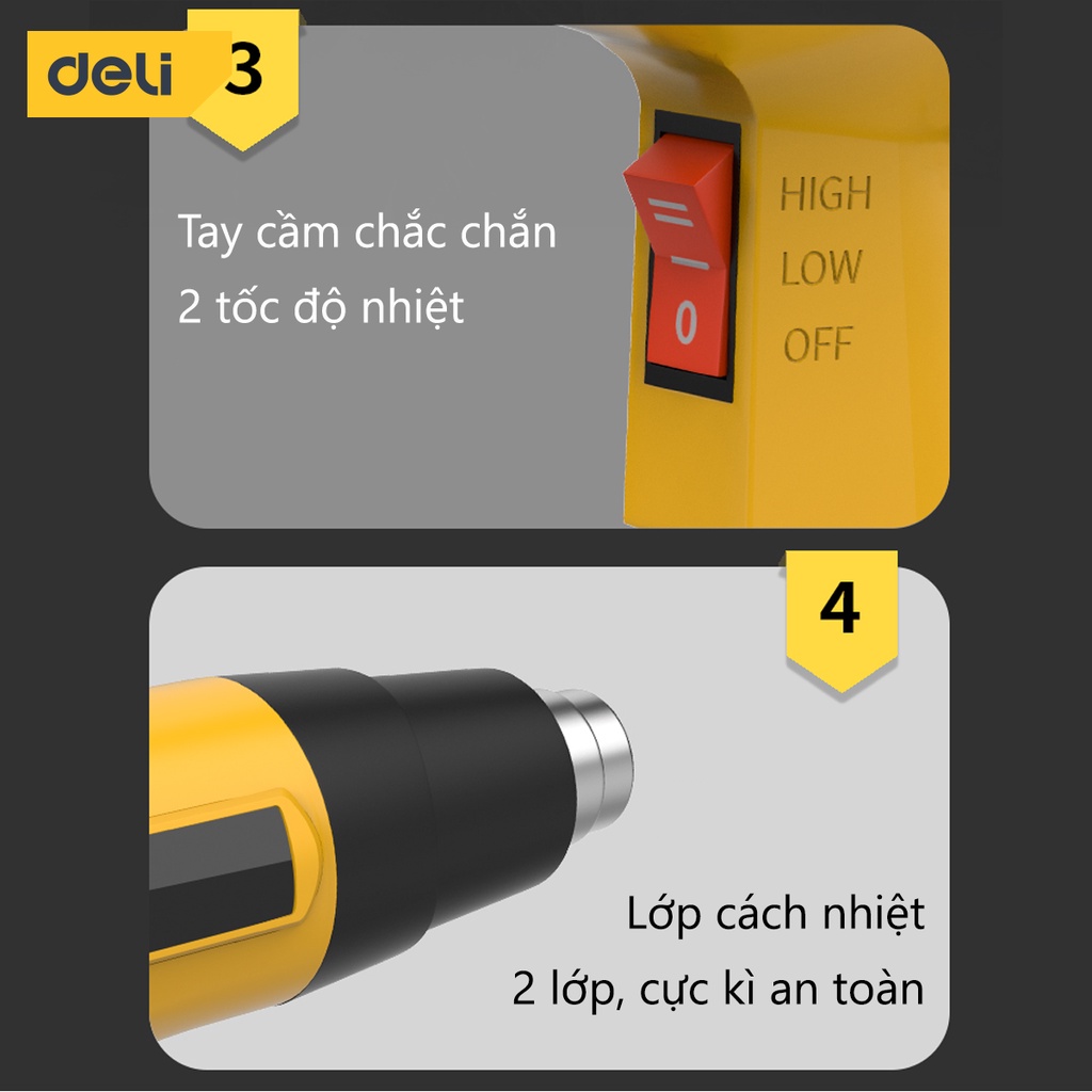 Máy Khò Nhiệt Hơi Nóng Deli Cao Cấp Công Suất Cao 2000W - Co Màng Cơ - Khò Thực phẩm - Hàn Nhựa