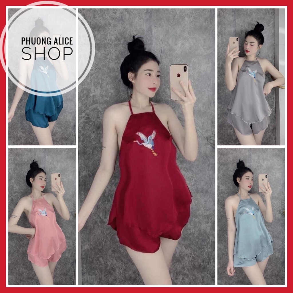 Sét yếm nữ gợi cảm hạc thêu chất satin, đồ ngủ sexy mùa hè- Phuongaliceshop