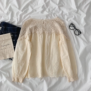 Phong Cách Hàn Quốc Nữ Nữ Rời Cotton Ren Móc Áo Sơ Mi Dài Tay