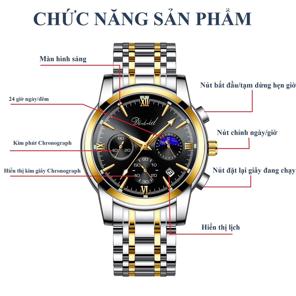 Mô tả Đồng hồ nam chống nước DIZIZID chính hãng dây thép đúc đặc - Chạy full 6 kim và lịch ngày - Tặng pin dự phòng DZ-057 - 4