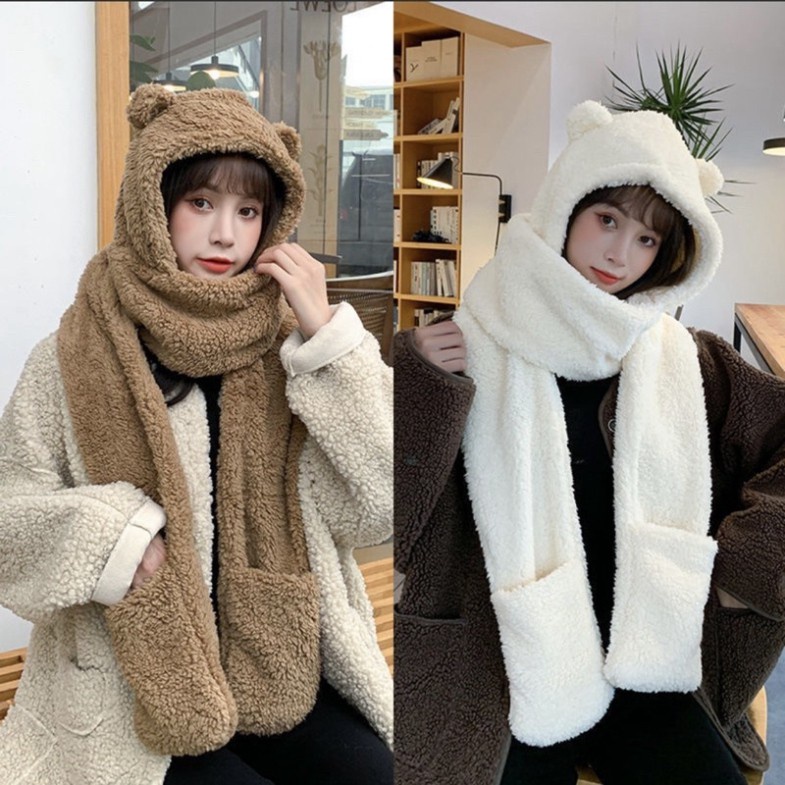 Mũ lông Cừu 3in1 tai gấu 💚CAM KẾT CHUẨN💚 Mũ kèm khăn quàng cổ và sỏ tay kiểu dáng hàng quốc
