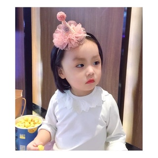 Vương miện cài tóc hình mũ chóp bông sinh nhật pha ren đính kim tuyến lấp lánh cho bé gái
