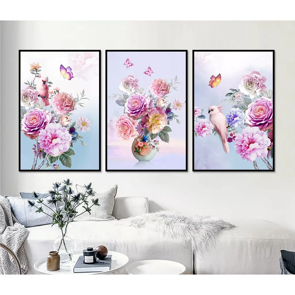 Bộ 3 tranh treo tường HD Hoa hồng và chim vẹt HVIP op_17626536 KT 40 x ...