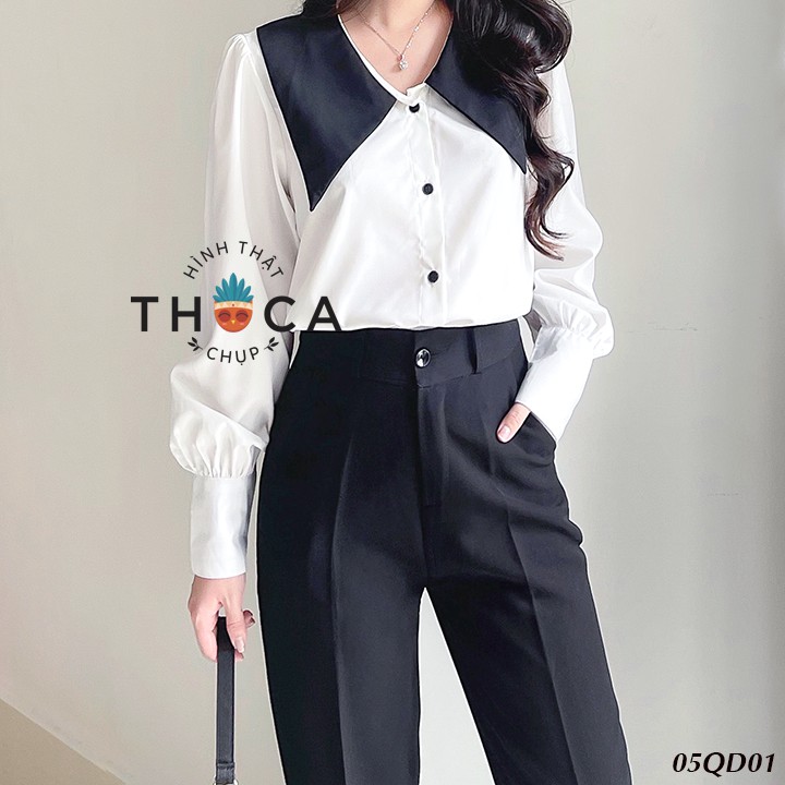 Ảnh Quần baggy nữ công sở kiểu lỡ nút trơn đen 186 THOCA HOUSE quần tây chuẩn form cao cấp tôn chân dài 3