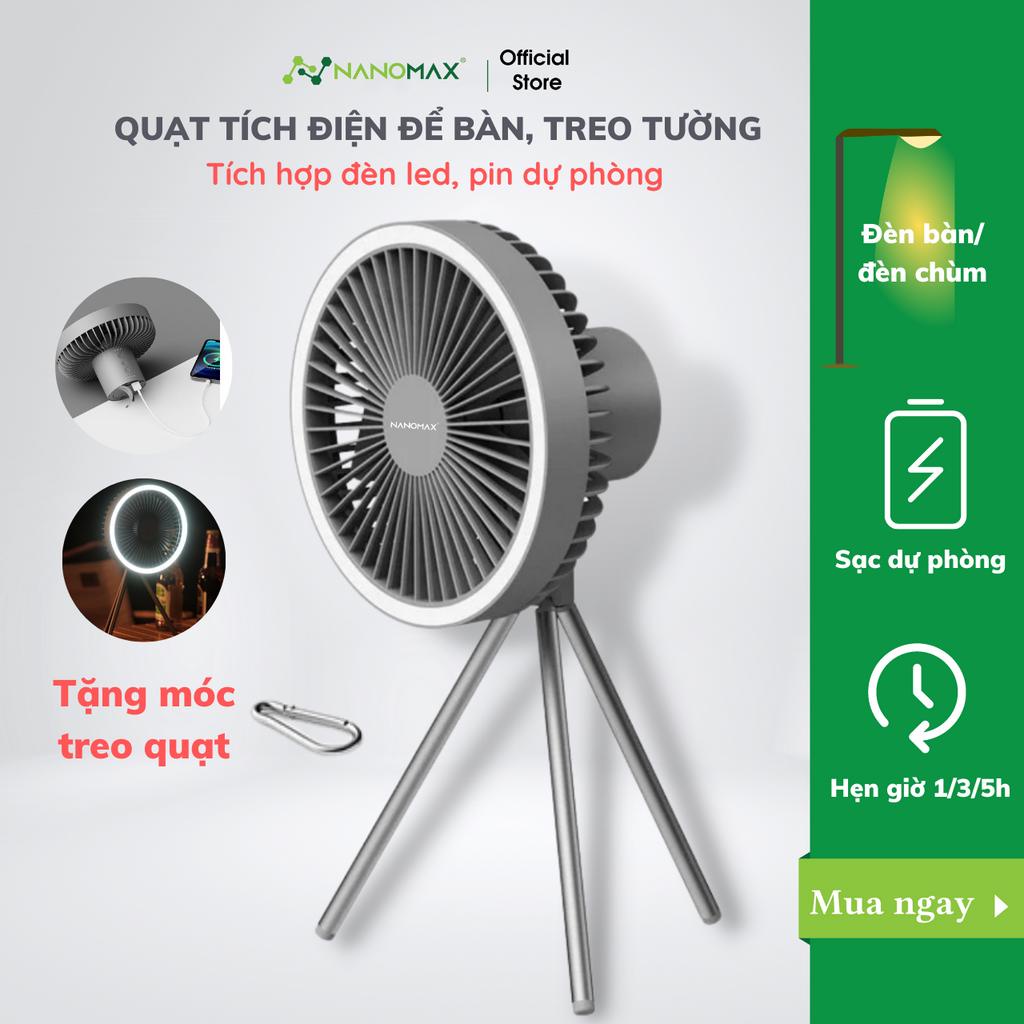 Quạt Tích Điện Đa Năng NANOMAX DQ212, Để Bàn, Treo Tường, Tích Hợp Đèn LED, Pin Dự Phòng, Giá Đỡ Tripod, Du Lịch, Cắm Tr