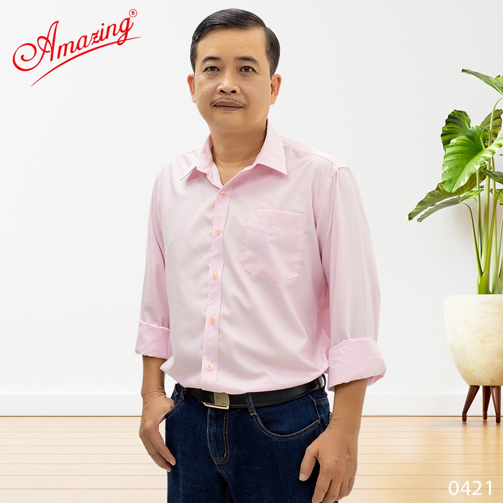 Áo sơ mi nam màu hồng pastel, tay dài, thời trang công sở cao cấp Amazing, form rộng, vải lụa Bamboo mềm mượt