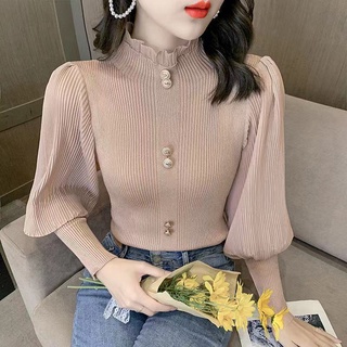 Áo Dệt Kim Nữ Tay Dài Cổ Cao Ôm Dáng Phong Cách Hàn Quốc baju baju wanita Lenan panjang