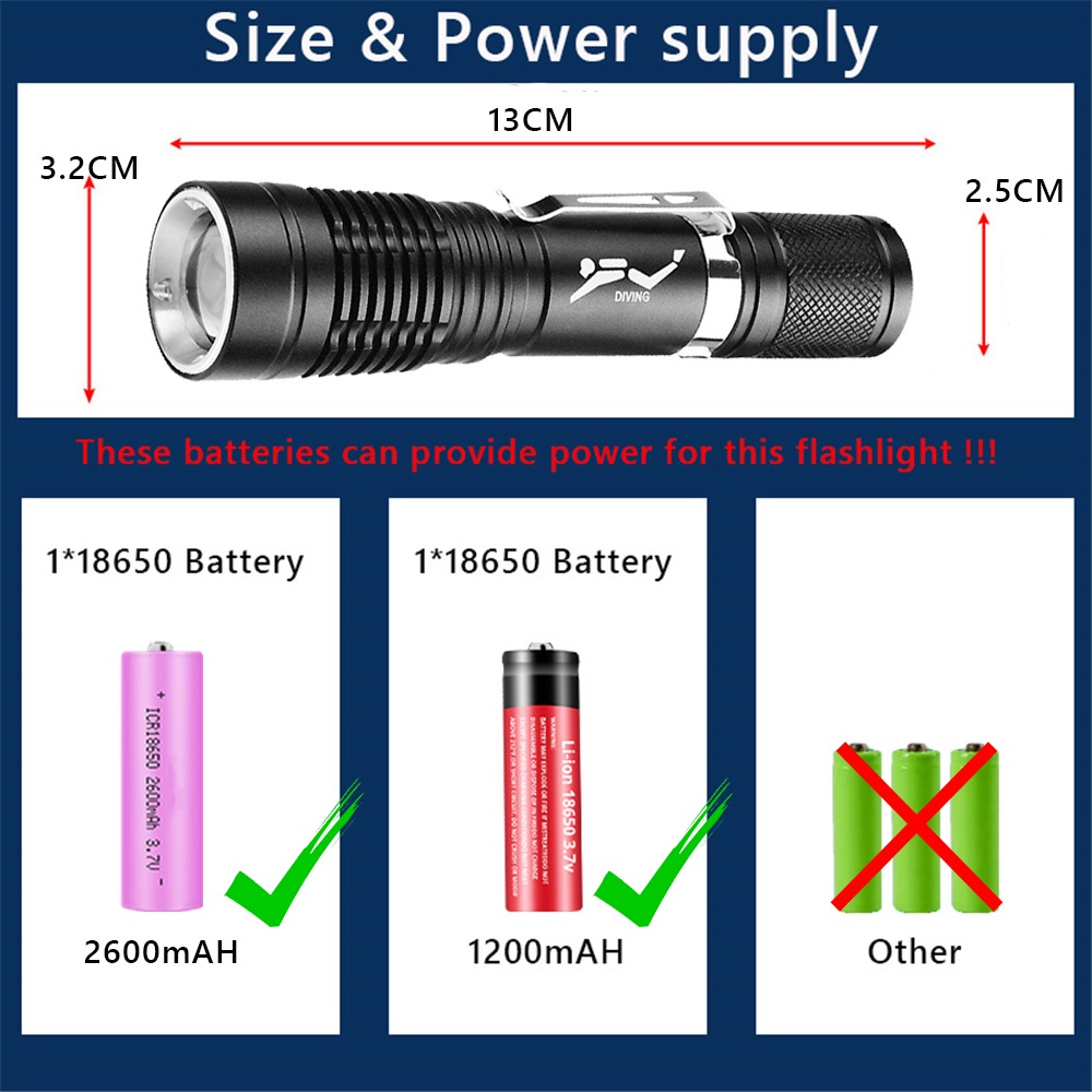 Đèn lặn mini Puteer D135 chống nước, sạc di động, có kẹp - Sử dụng ở độ sâu tới 50m