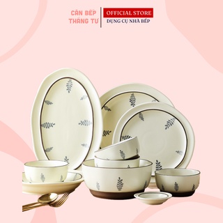 Chén bát sứ cao cấp phong cách hiện đại tối giản hoa văn lá nhẹ nhàng CBG04